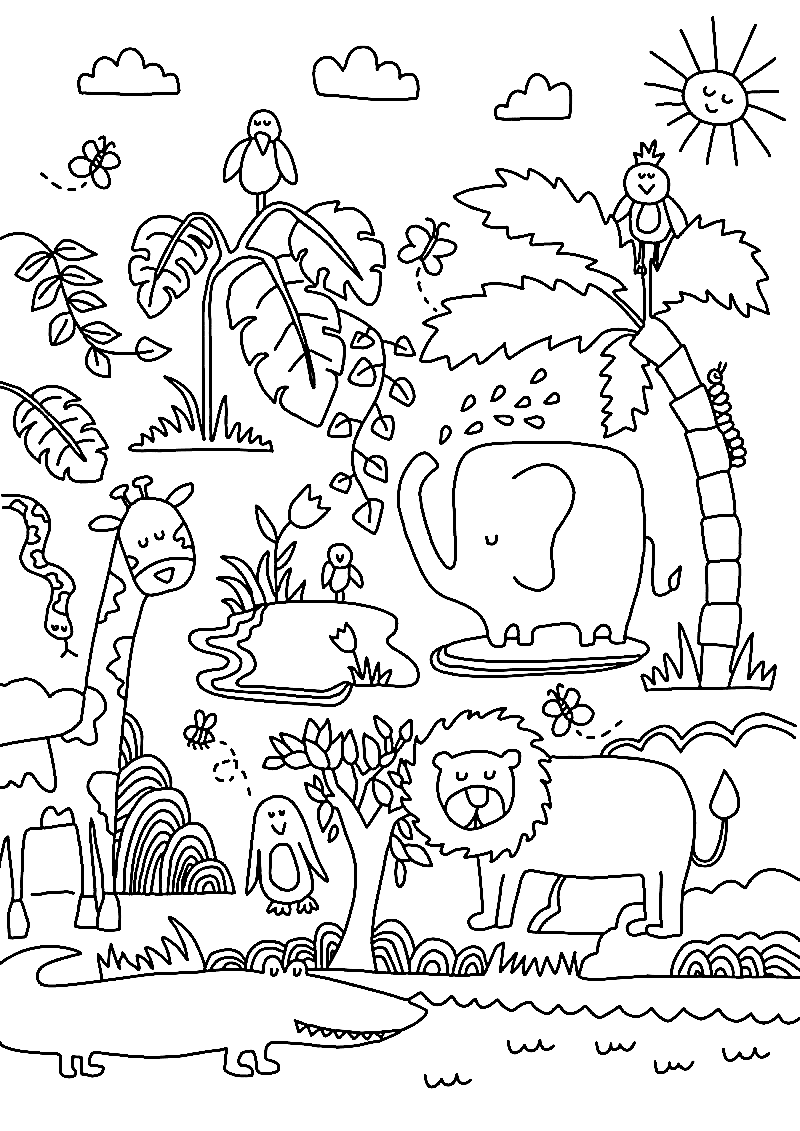 35 Cute Jungle Animal Coloring Pages Printable 1