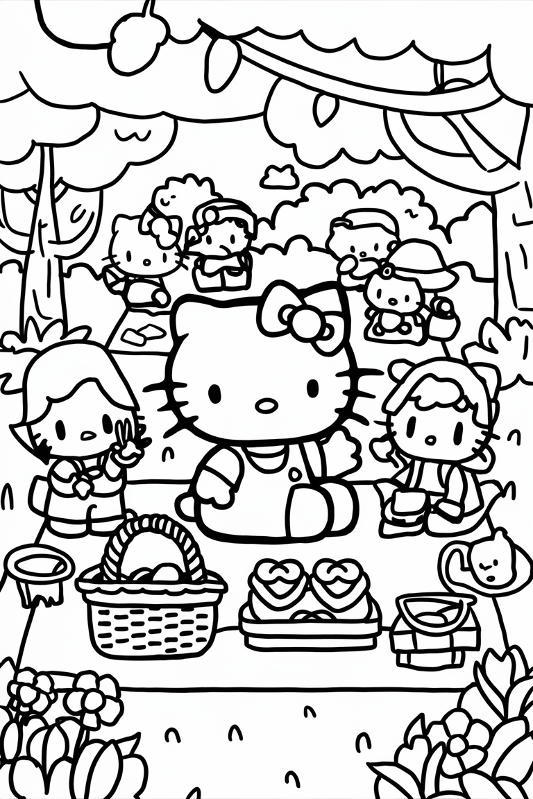 Hello Kitty at a picnic with friends - Free Printable Сoloring Pages