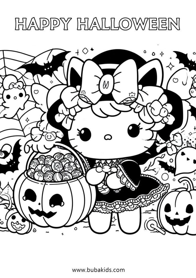 sanrio hello kitty trick or treat halloween Coloring Pages| BubaKids.com