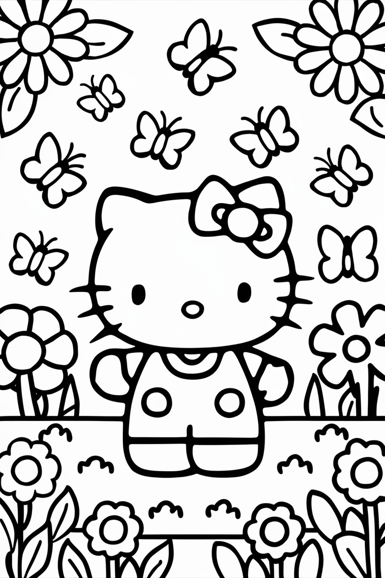 Hello Kitty in a flower garden Сoloring Pages - Free Printable