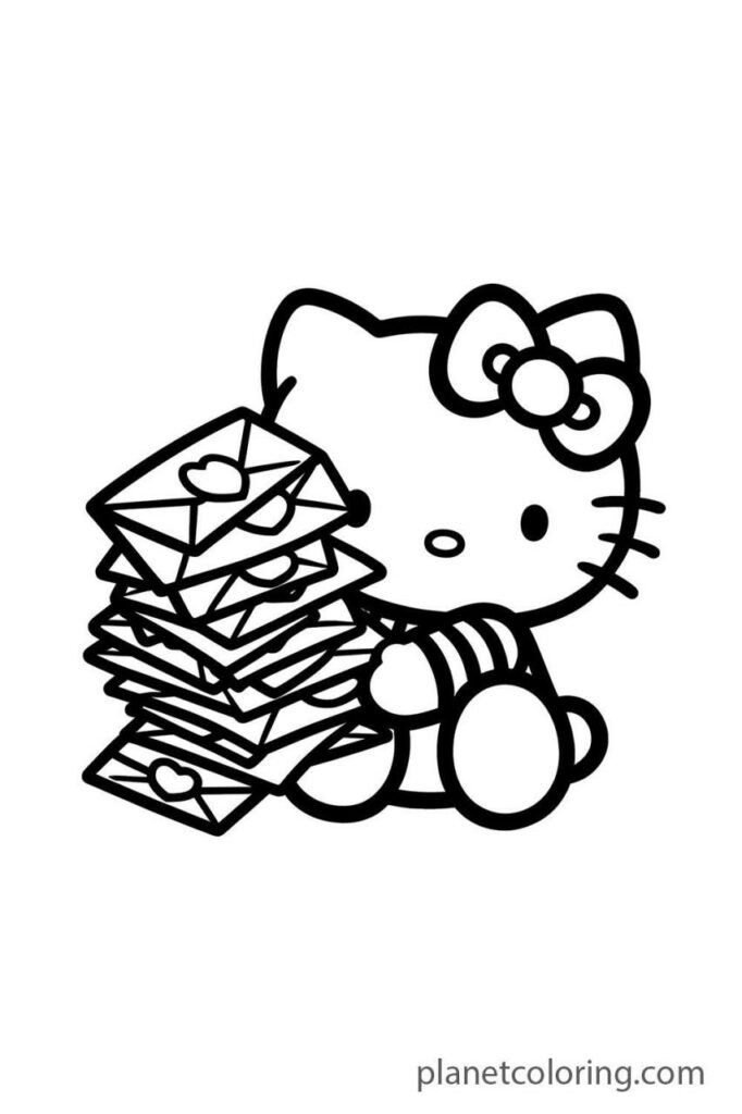 Hello kitty with a stack of letters | Coloring Craze